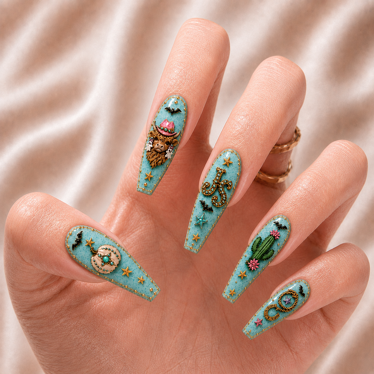 Turquoise Halloween Highland Cow - Personalized Press-On Nails