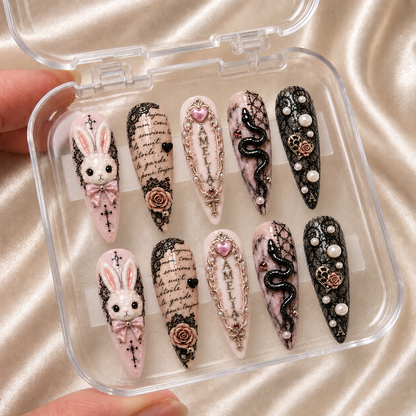 Blush & Black Lace - Personalized Press-On Nails