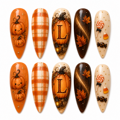 Cute Pumpkin Initial – Personalized Press-On Nails
