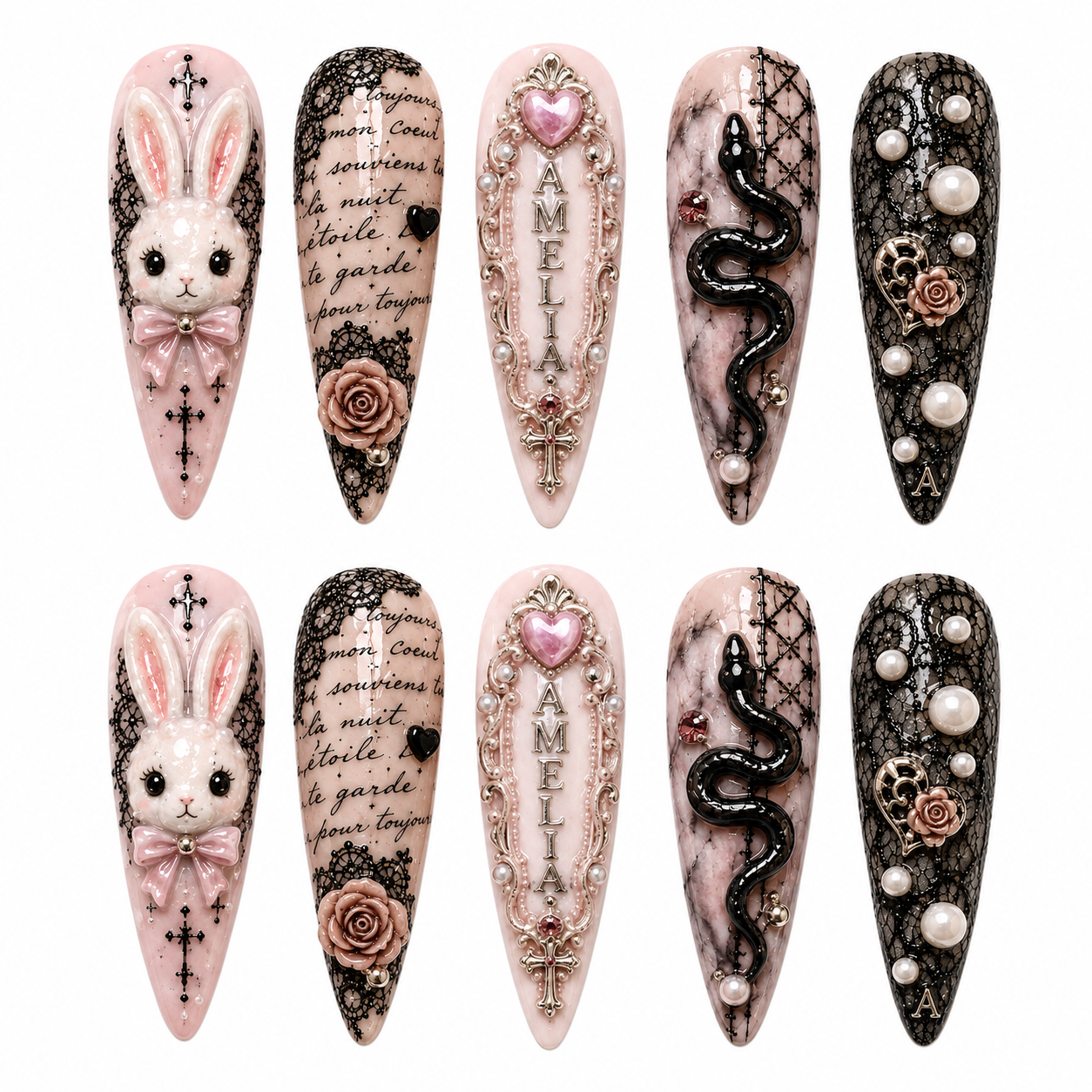 Blush & Black Lace - Personalized Press-On Nails