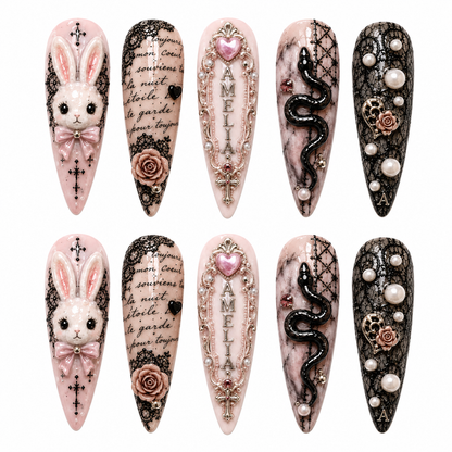 Blush & Black Lace - Personalized Press-On Nails