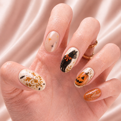 Bestie Vintage Pumpkin Cat - Personalized Press-On Nails