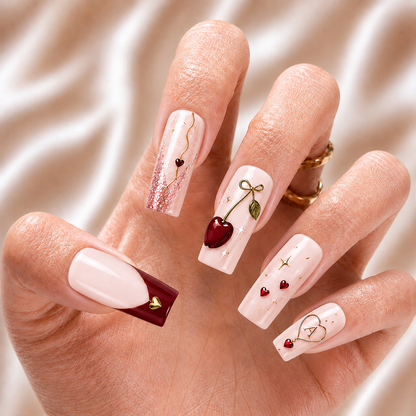 Cherry Bestie Bloom – Personalized Press-On Nails