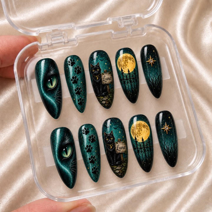 Black Cat Lucky Date  – Personalized Press-On Nails