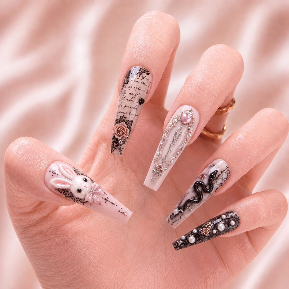 Blush & Black Lace - Personalized Press-On Nails