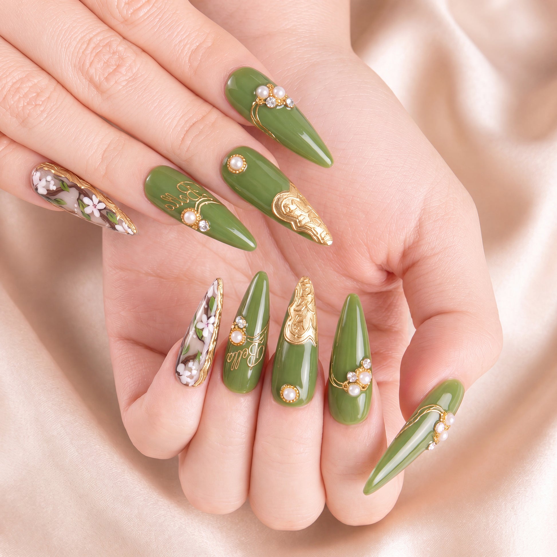 Golden Olive Blossom - Personalized Press-On Nails
