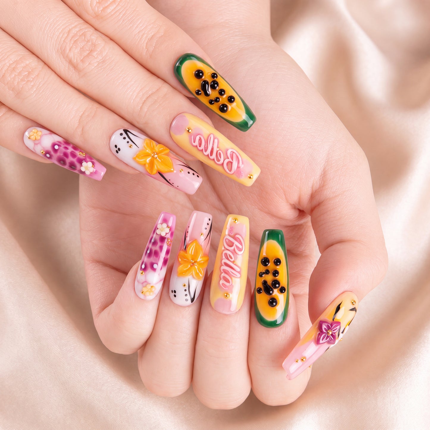 Tropical Papaya Bloom - Personalized Press-On Nails
