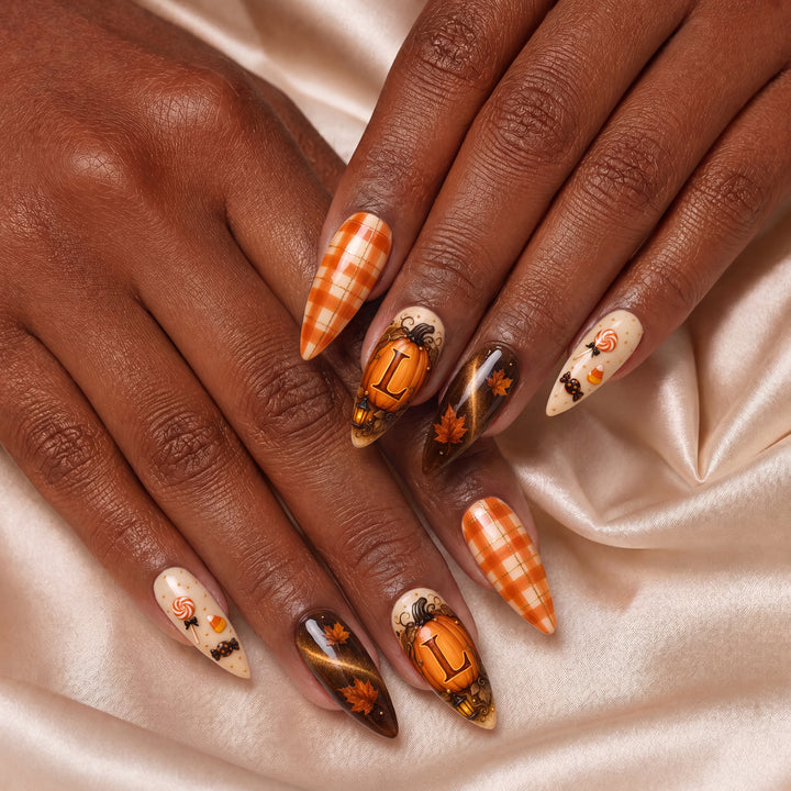 Cute Pumpkin Initial – Personalized Press-On Nails