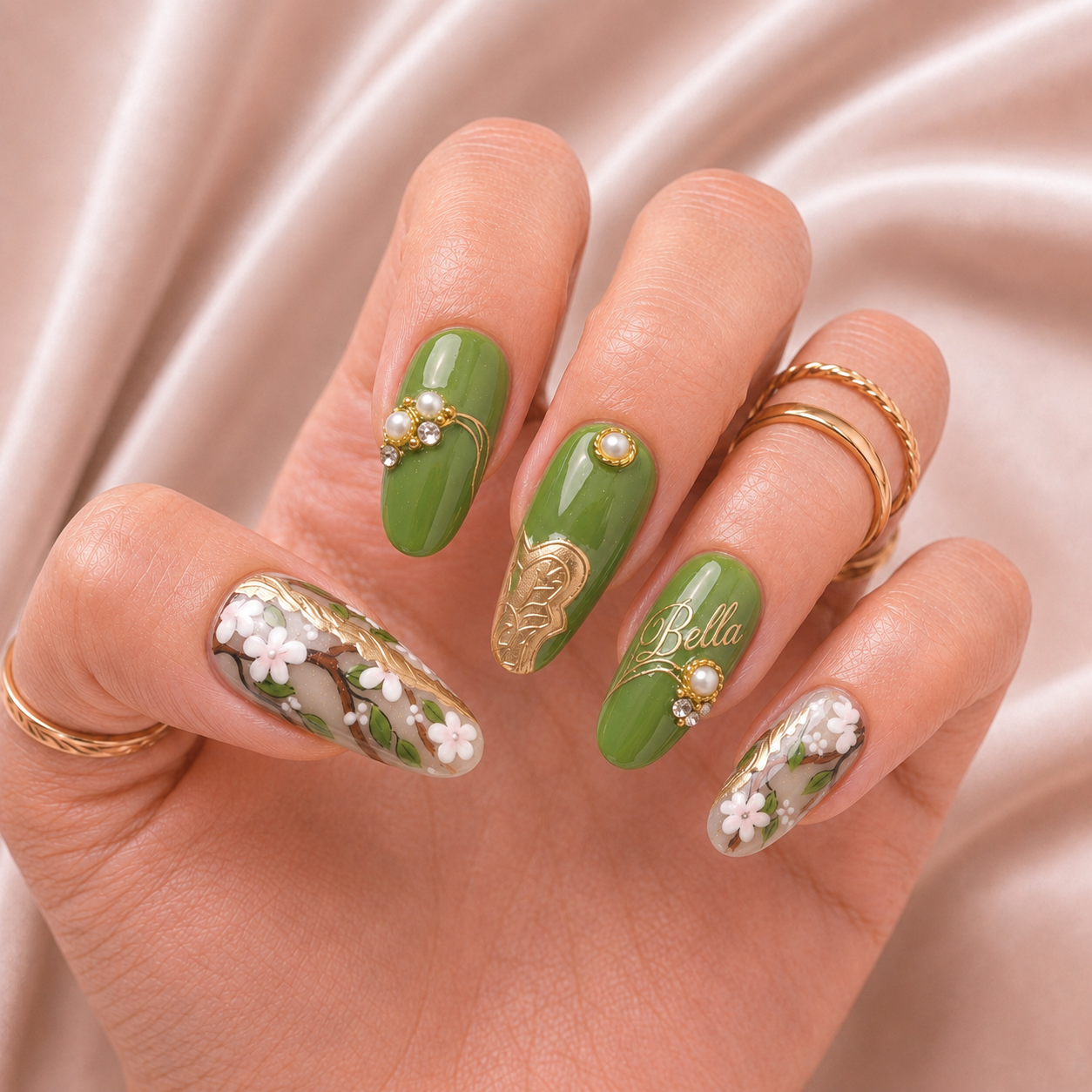 Golden Olive Blossom - Personalized Press-On Nails