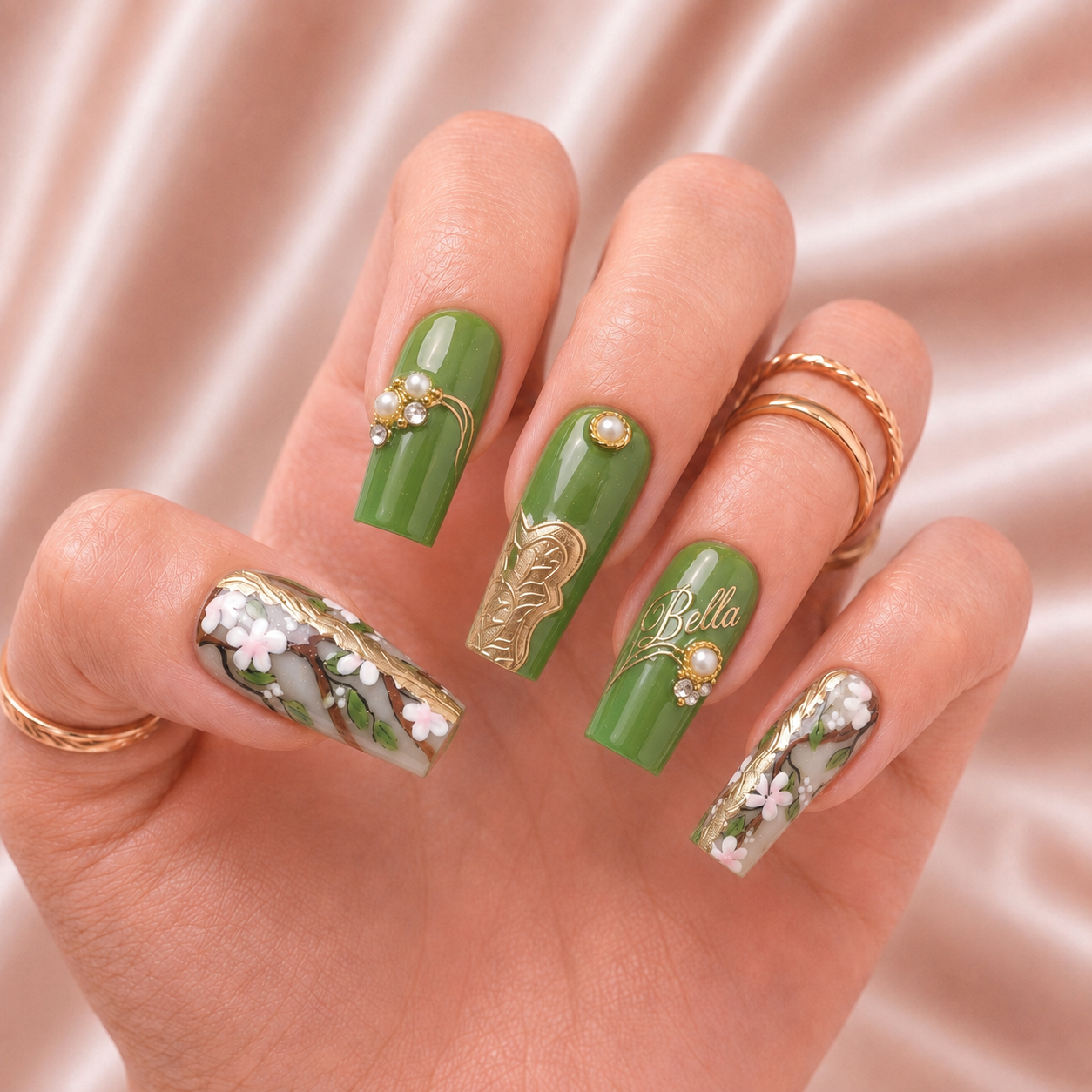 Golden Olive Blossom - Personalized Press-On Nails