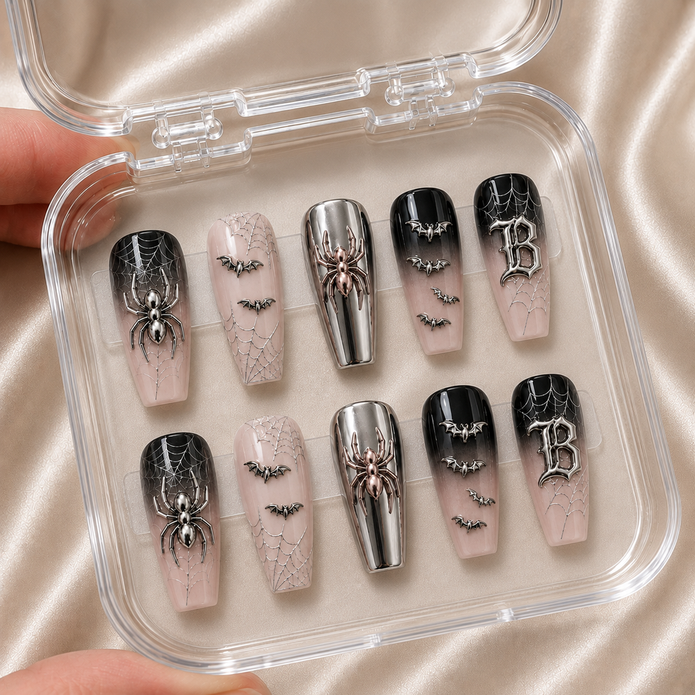 Black Chrome Spider - Personalized Press-On Nails