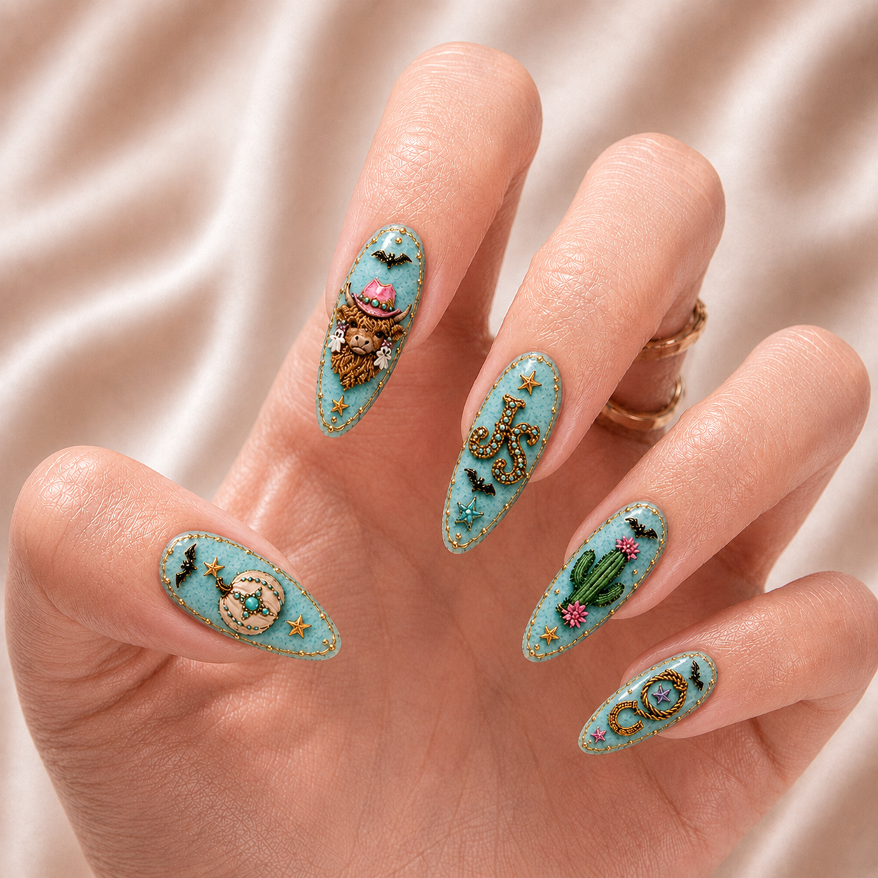 Turquoise Halloween Highland Cow - Personalized Press-On Nails