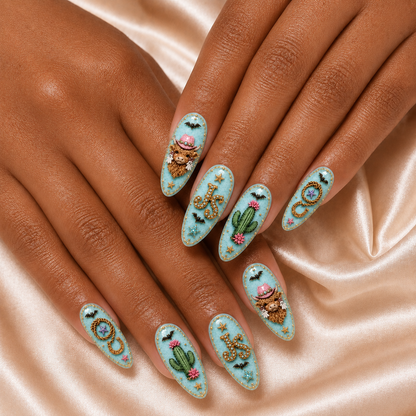 Turquoise Halloween Highland Cow - Personalized Press-On Nails