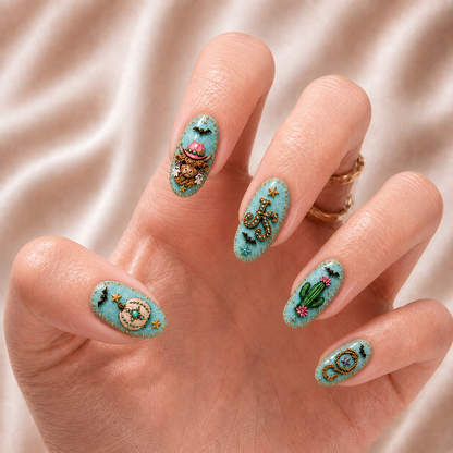 Turquoise Halloween Highland Cow - Personalized Press-On Nails