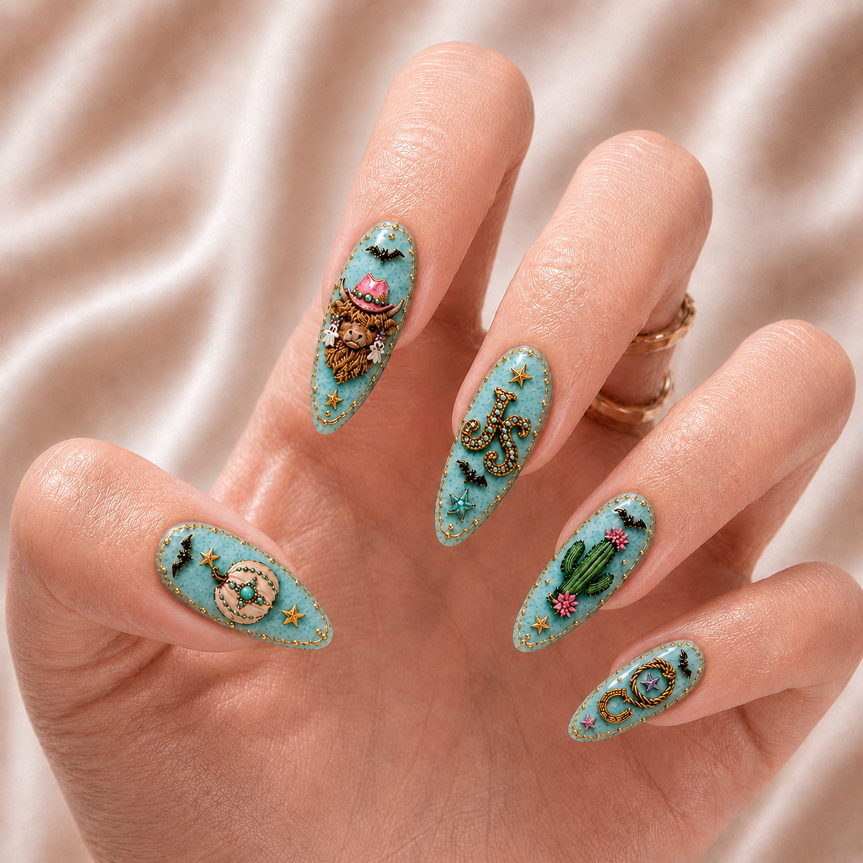Turquoise Halloween Highland Cow - Personalized Press-On Nails