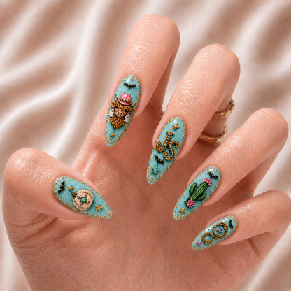 Turquoise Halloween Highland Cow - Personalized Press-On Nails