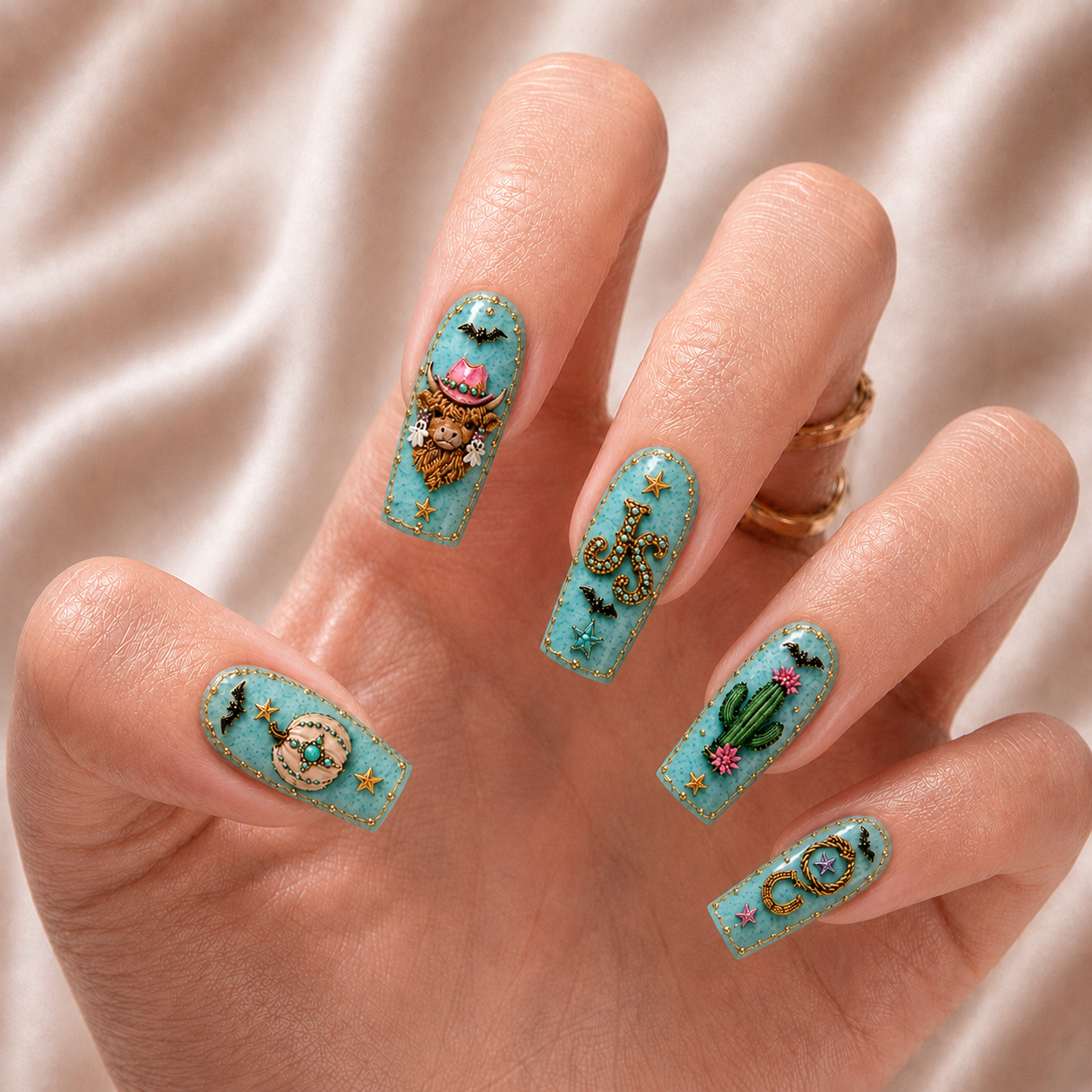 Turquoise Halloween Highland Cow - Personalized Press-On Nails