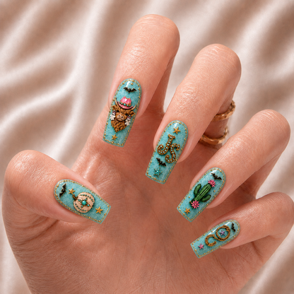 Turquoise Halloween Highland Cow - Personalized Press-On Nails