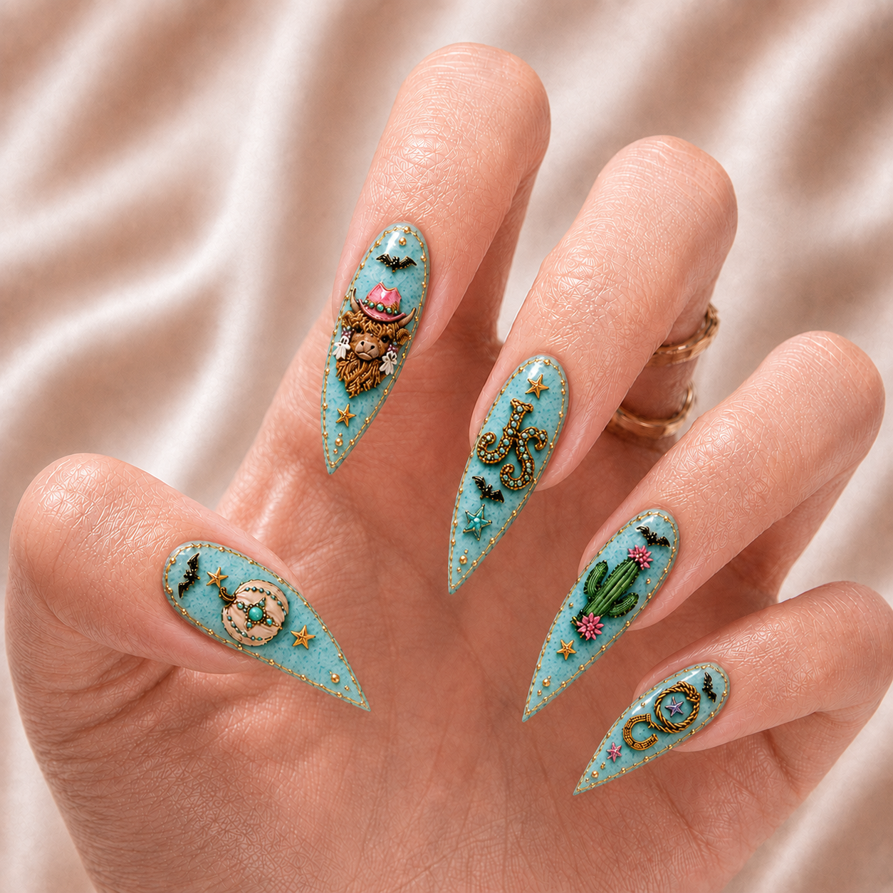 Turquoise Halloween Highland Cow - Personalized Press-On Nails