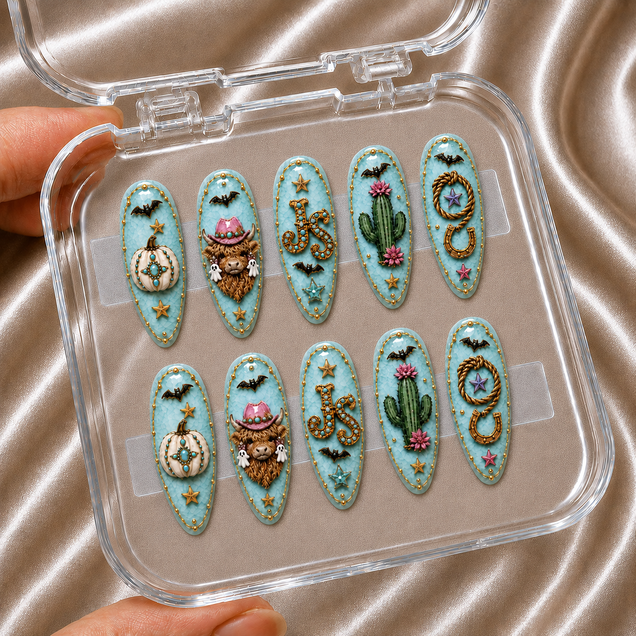 Turquoise Halloween Highland Cow - Personalized Press-On Nails