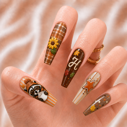 Fall Raccoon Striped - Personalized Press-On Nails