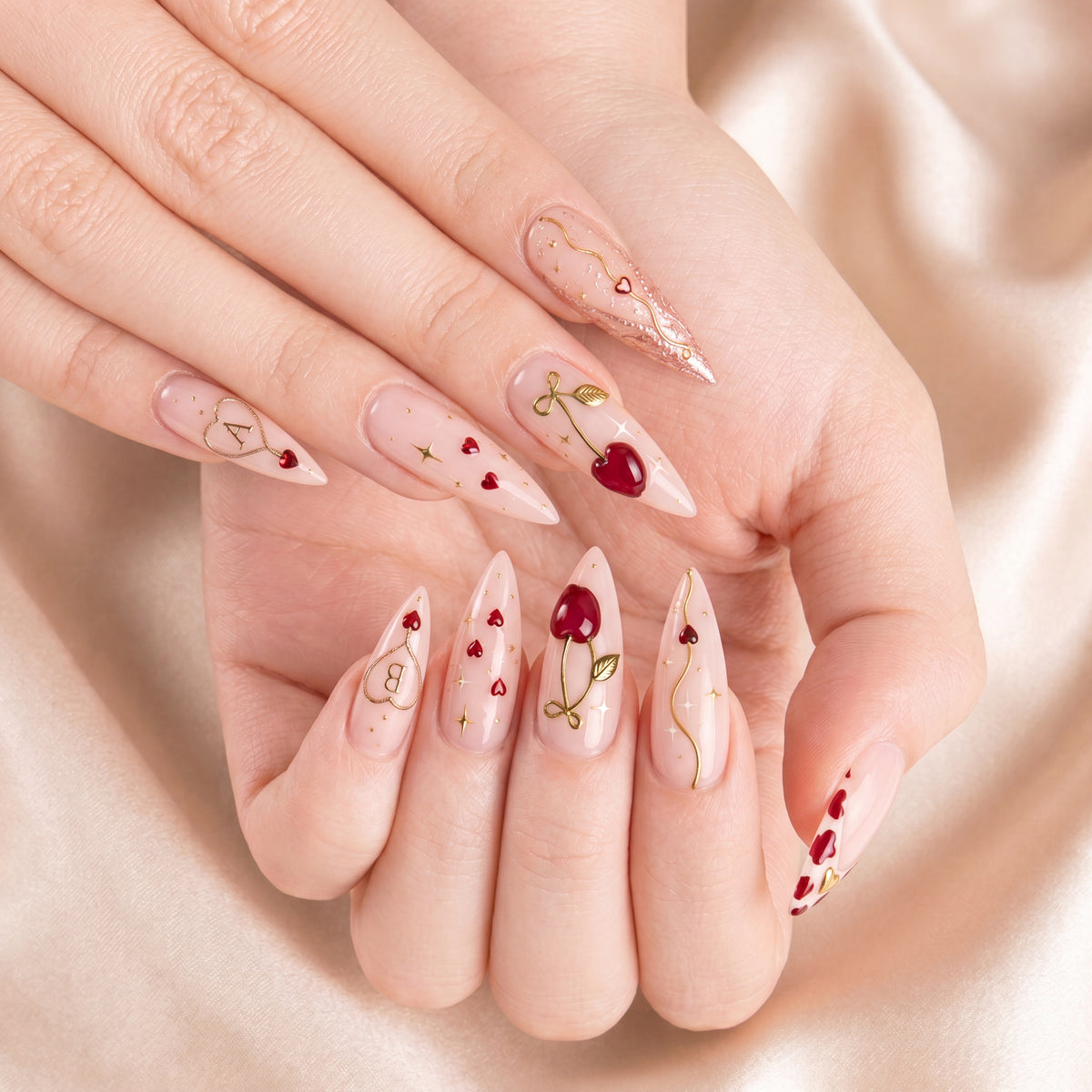 Cherry Bestie Bloom – Personalized Press-On Nails