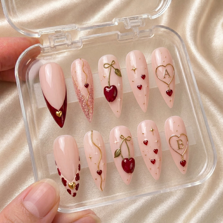Cherry Bestie Bloom – Personalized Press-On Nails