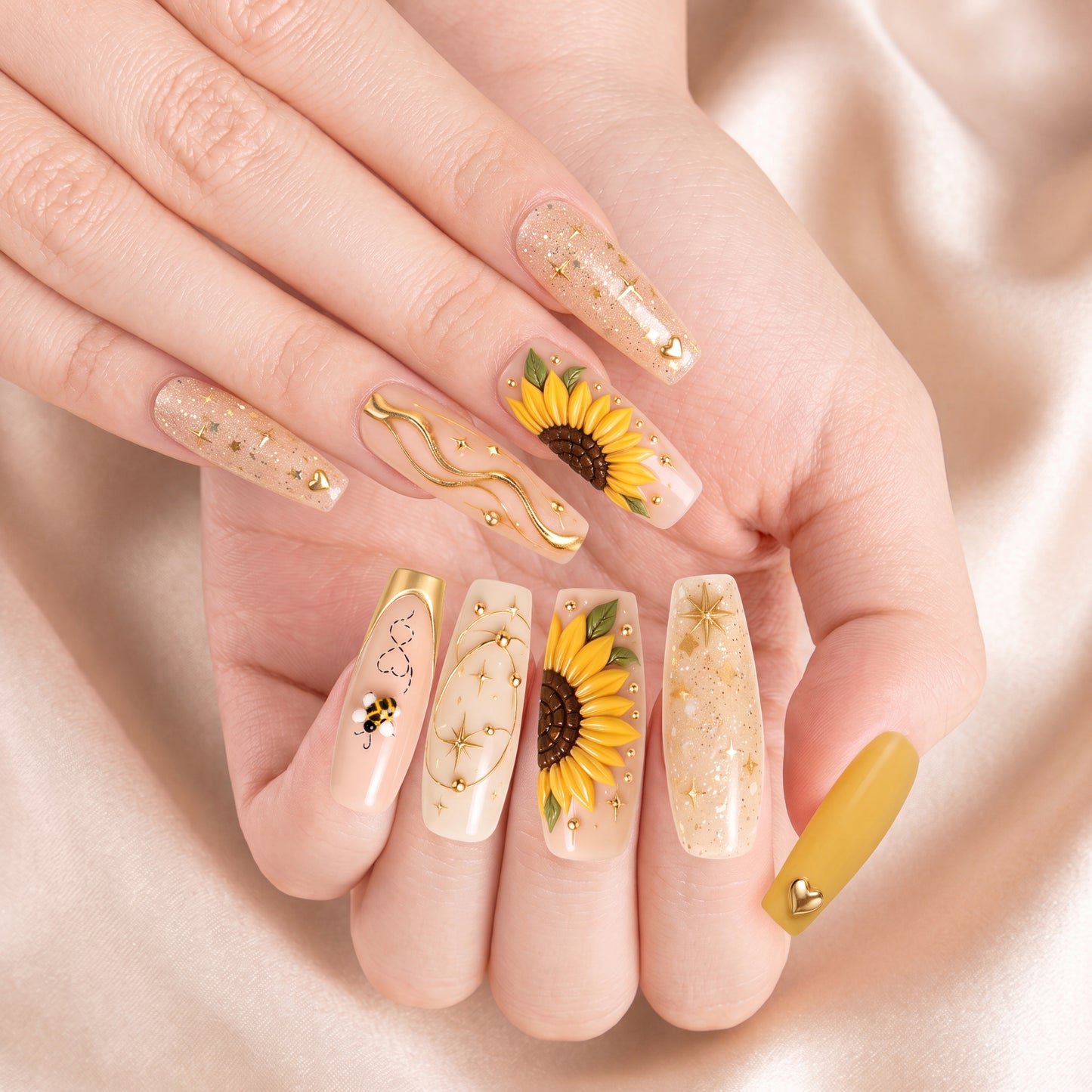 Sunflower Honey Bestie Bond – Personalized Press-On Nails