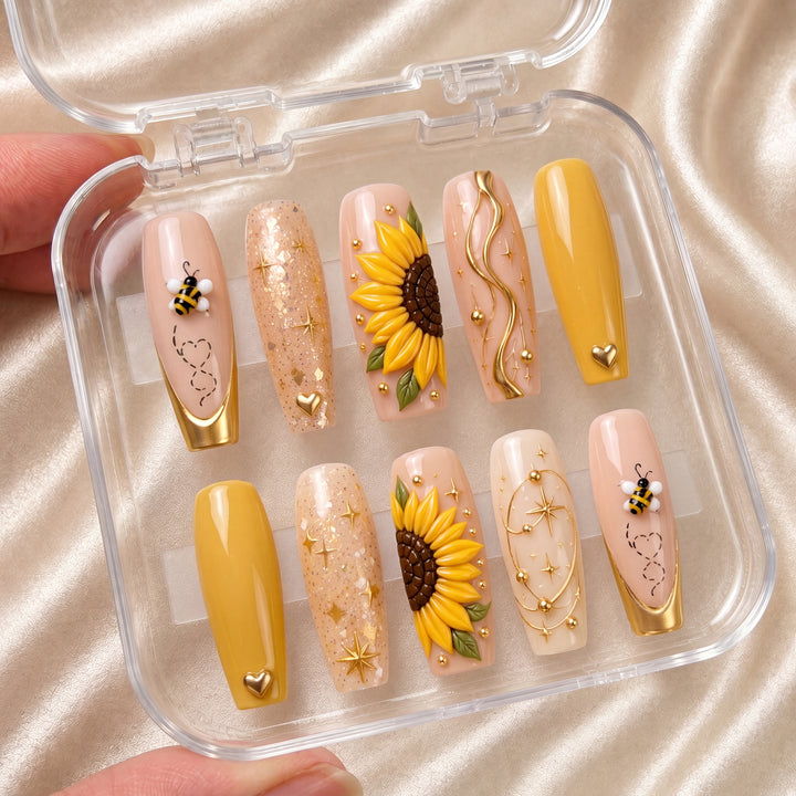 Sunflower Honey Bestie Bond – Personalized Press-On Nails
