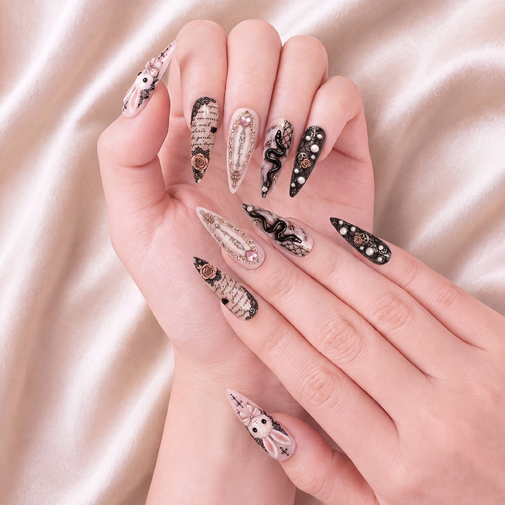 Blush & Black Lace - Personalized Press-On Nails