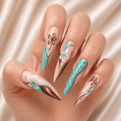 Tiffany Blue Floral - Press-On Nails