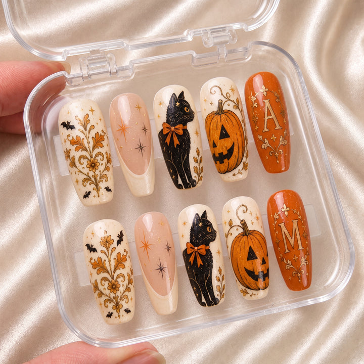 Bestie Vintage Pumpkin Cat - Personalized Press-On Nails