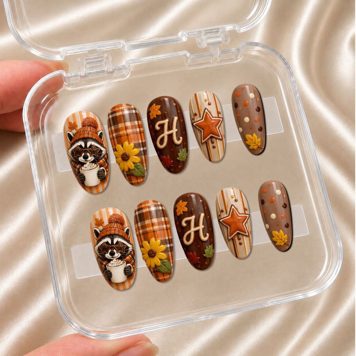 Fall Raccoon Striped - Personalized Press-On Nails