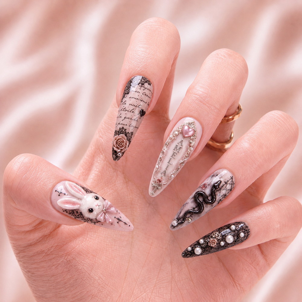 Blush & Black Lace - Personalized Press-On Nails