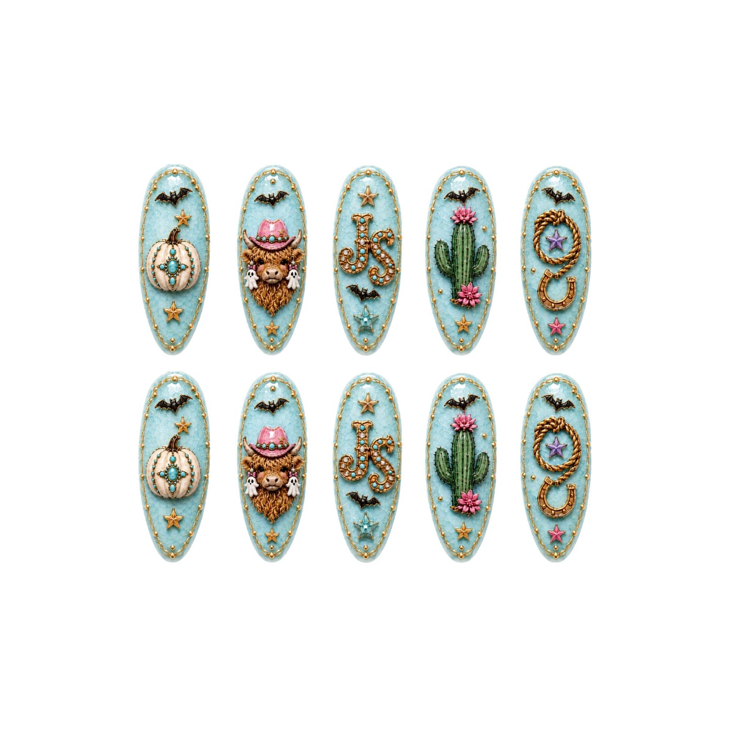 Turquoise Halloween Highland Cow - Personalized Press-On Nails