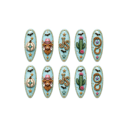 Turquoise Halloween Highland Cow - Personalized Press-On Nails