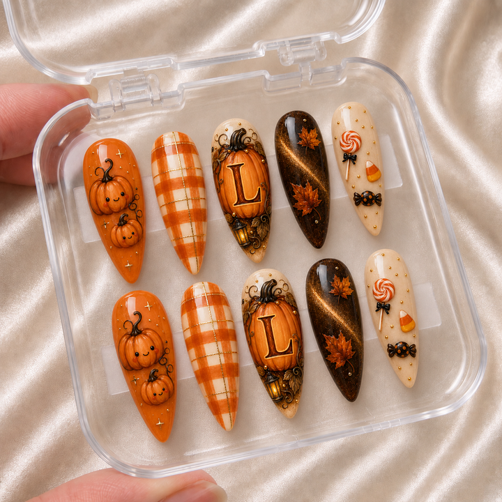 Cute Pumpkin Initial – Personalized Press-On Nails