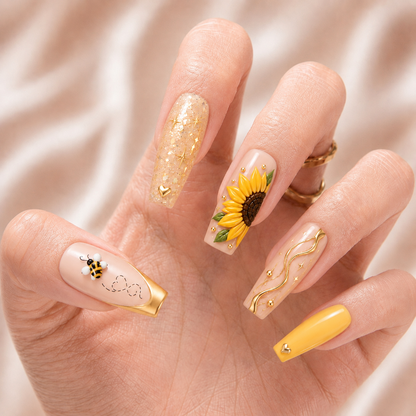 Sunflower Honey Bestie Bond – Personalized Press-On Nails