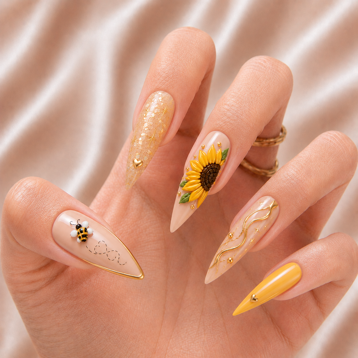 Sunflower Honey Bestie Bond – Personalized Press-On Nails