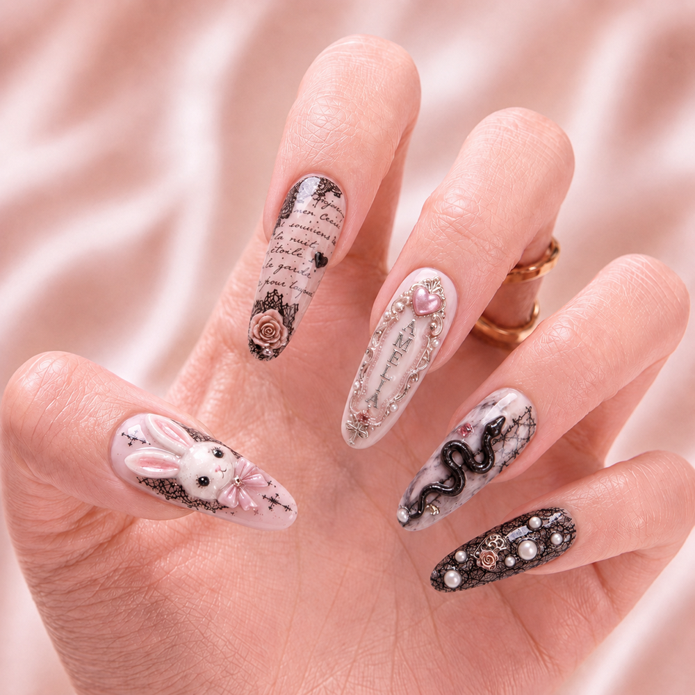 Blush & Black Lace - Personalized Press-On Nails
