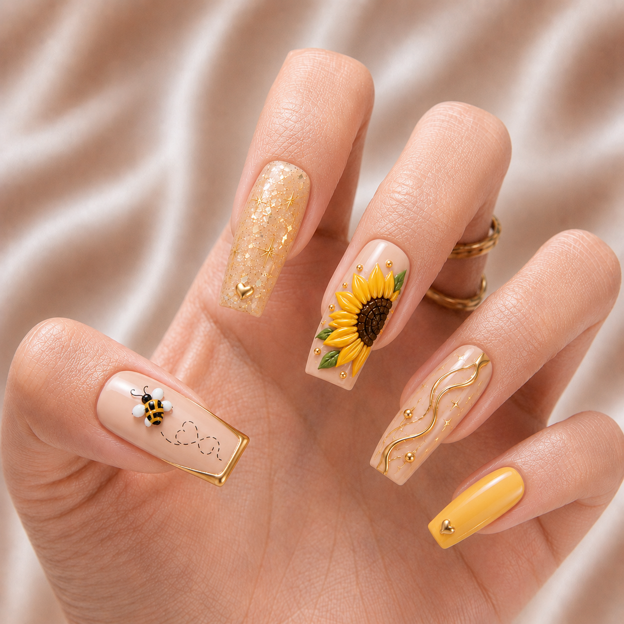 Sunflower Honey Bestie Bond – Personalized Press-On Nails
