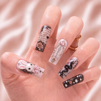 Blush & Black Lace - Personalized Press-On Nails