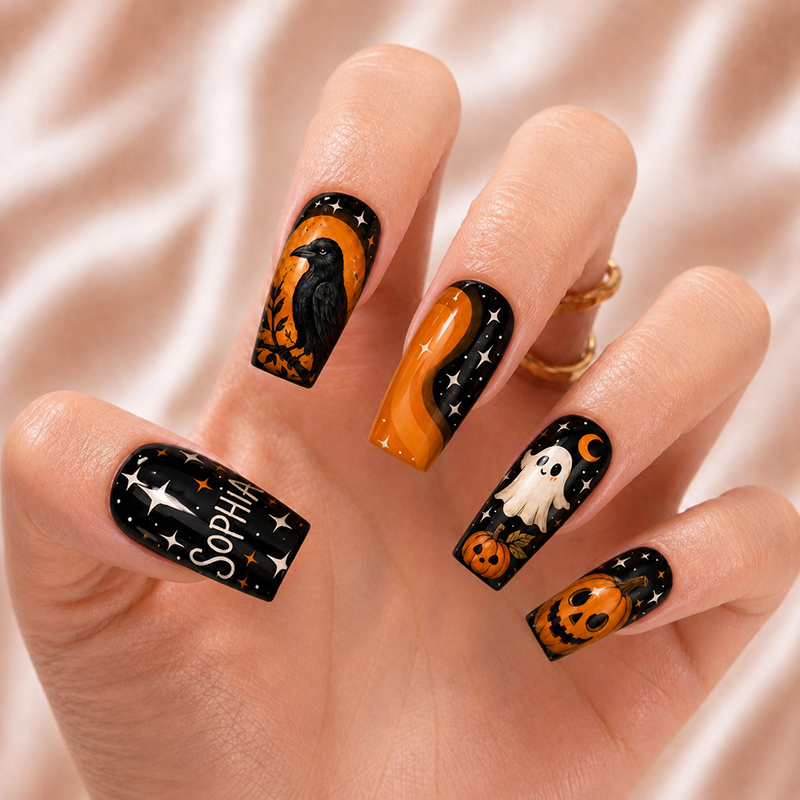 Midnight Pumpkin Spell - Personalized Press-On Nails
