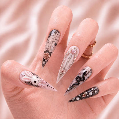 Blush & Black Lace - Personalized Press-On Nails